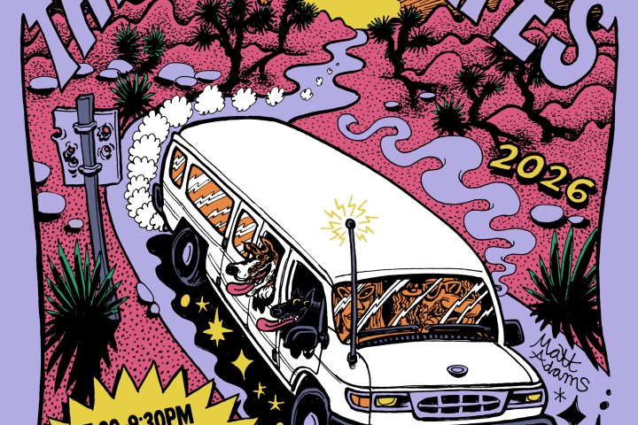 Illustrated poster of a band tour with a van and desert scenery under a starry sky.