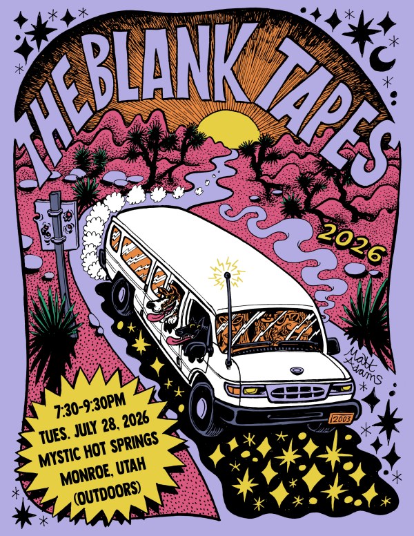 Illustrated poster of a band tour with a van and desert scenery under a starry sky.