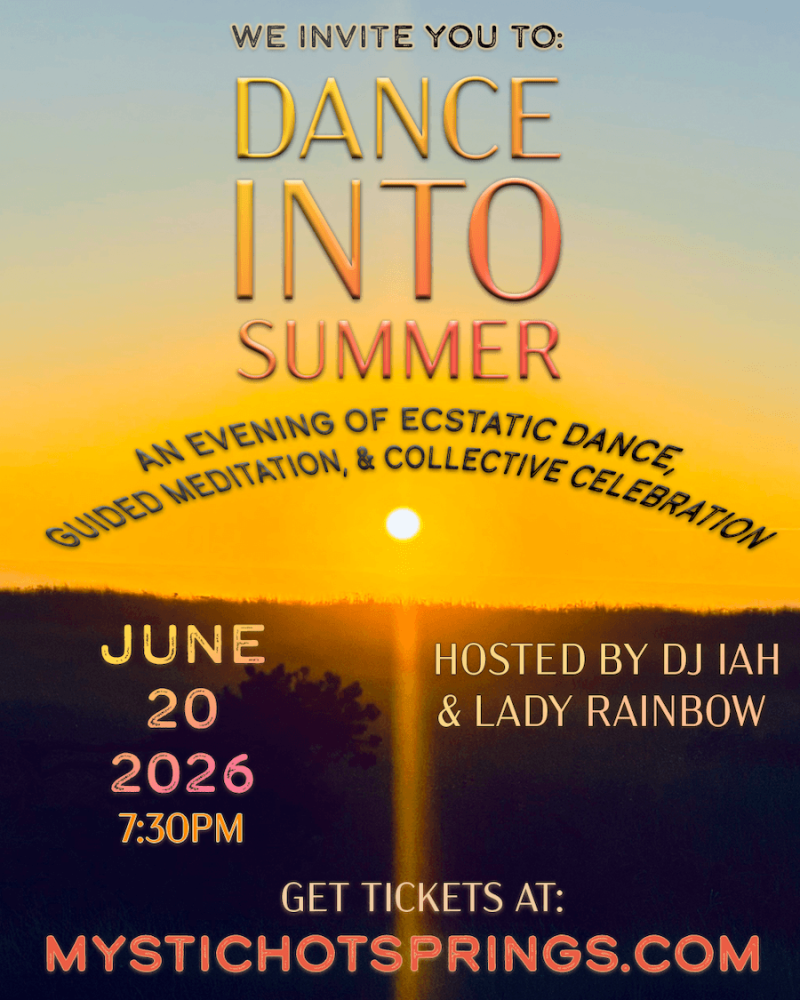 Dance event poster with sunset background, June 20, 2026, details and ticket info at mystichotsprings.com.